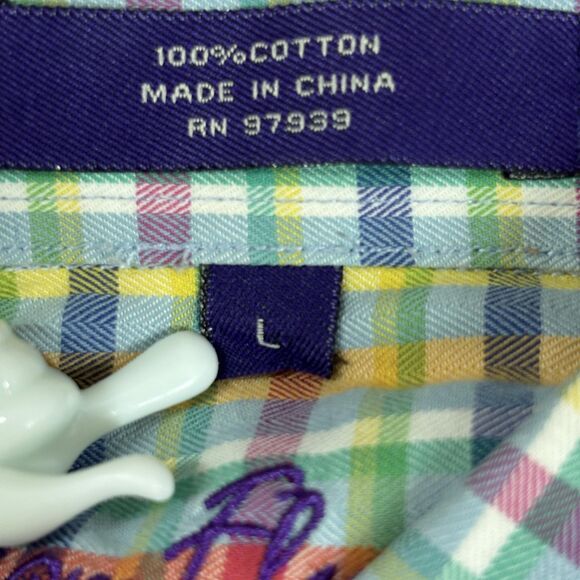 Alan Flusser Shirt Men's Large Multicolor Plaid Button Down Cotton Pocket Casual - Picture 9 of 9